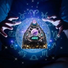 Orgonites du Zodiaque avec cristal améthyste dans sphère mystique entourée de symboles astrologiques lumineux
