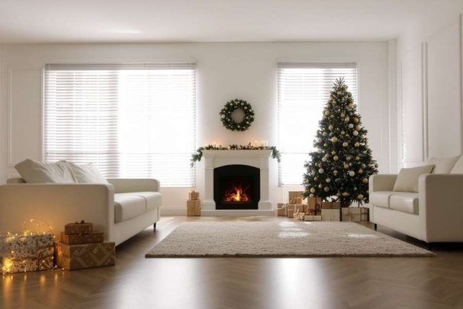 Salon décoré avec un sapin de Noël, une cheminée allumée et deux canapés clairs, illustrant comment aménager un petit salon de façon chaleureuse.