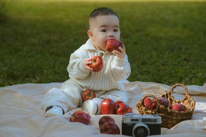 Bébé assis sur une couverture en plein air tenant une pomme, illustrant la diversification alimentaire du bébé.