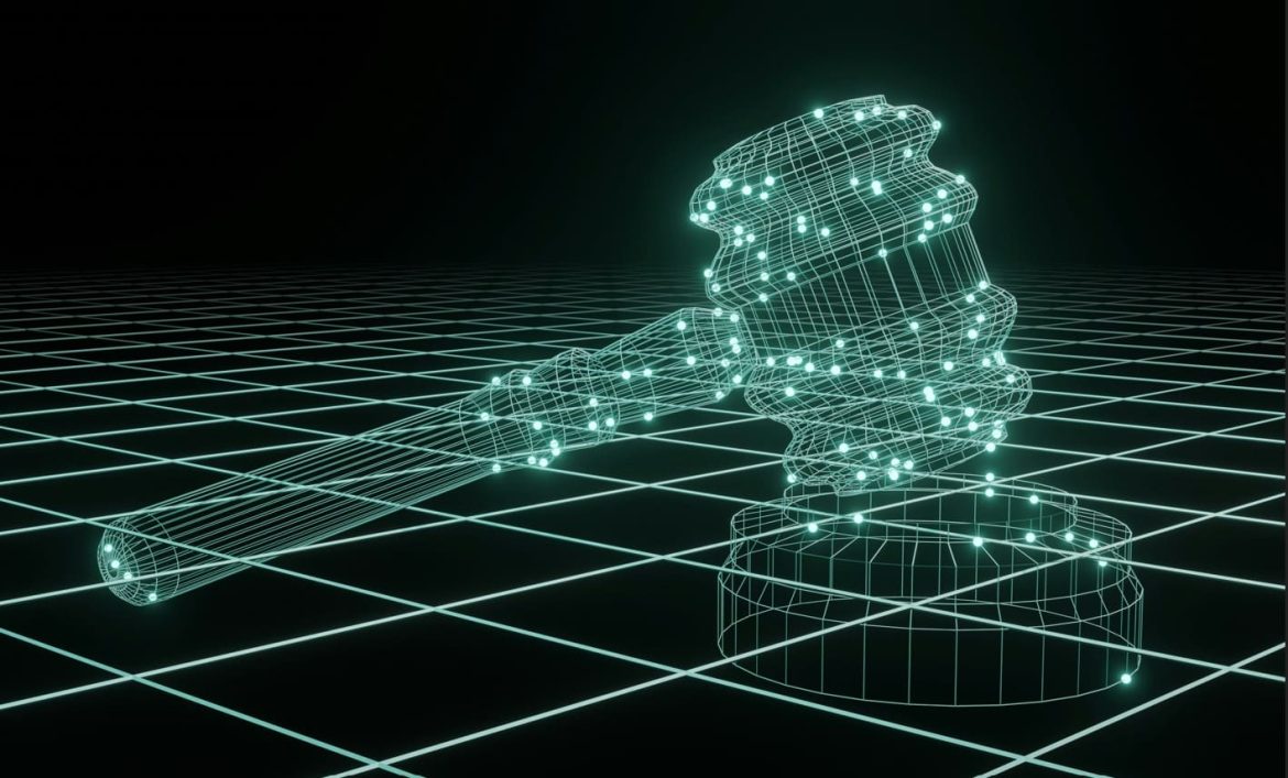 Une modélisation numérique en filaire d'un marteau de justice lumineux sur une grille technologique, symbolisant l'éthique intelligence artificielle.