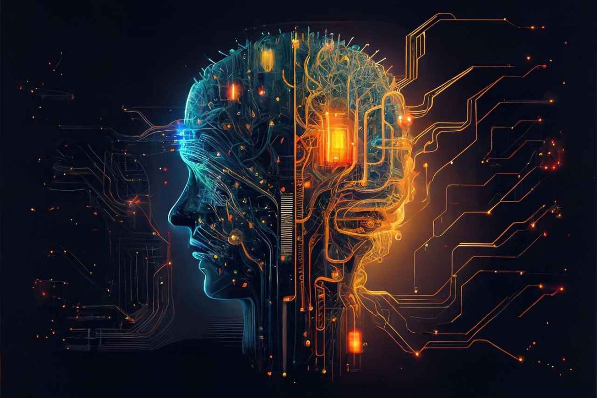 Illustration en profil d'une tête humaine connectée à des circuits électroniques et lumineux, représentant les concepts du Référencement GEO et de l'intelligence artificielle.