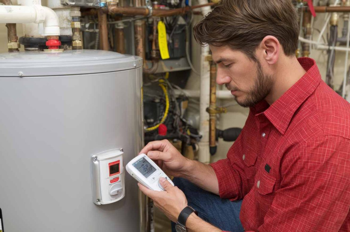 Un technicien en chemise rouge configure un thermostat sur une chaudière dans le respect de la loi entretien obligatoire chauffage.